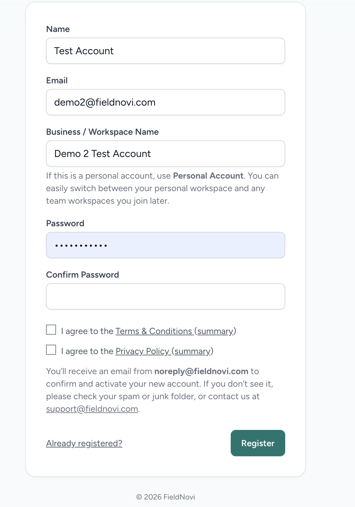 Complete the account information and agreements, then select Register.