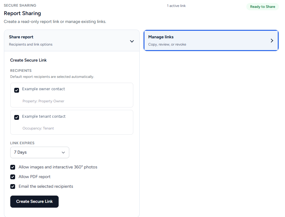 Choose recipients, expiration, and permissions before creating a secure link. Contact identities are masked.