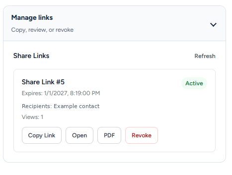 Manage links: review status, copy, open, view PDF, or revoke. Contact identity is masked.